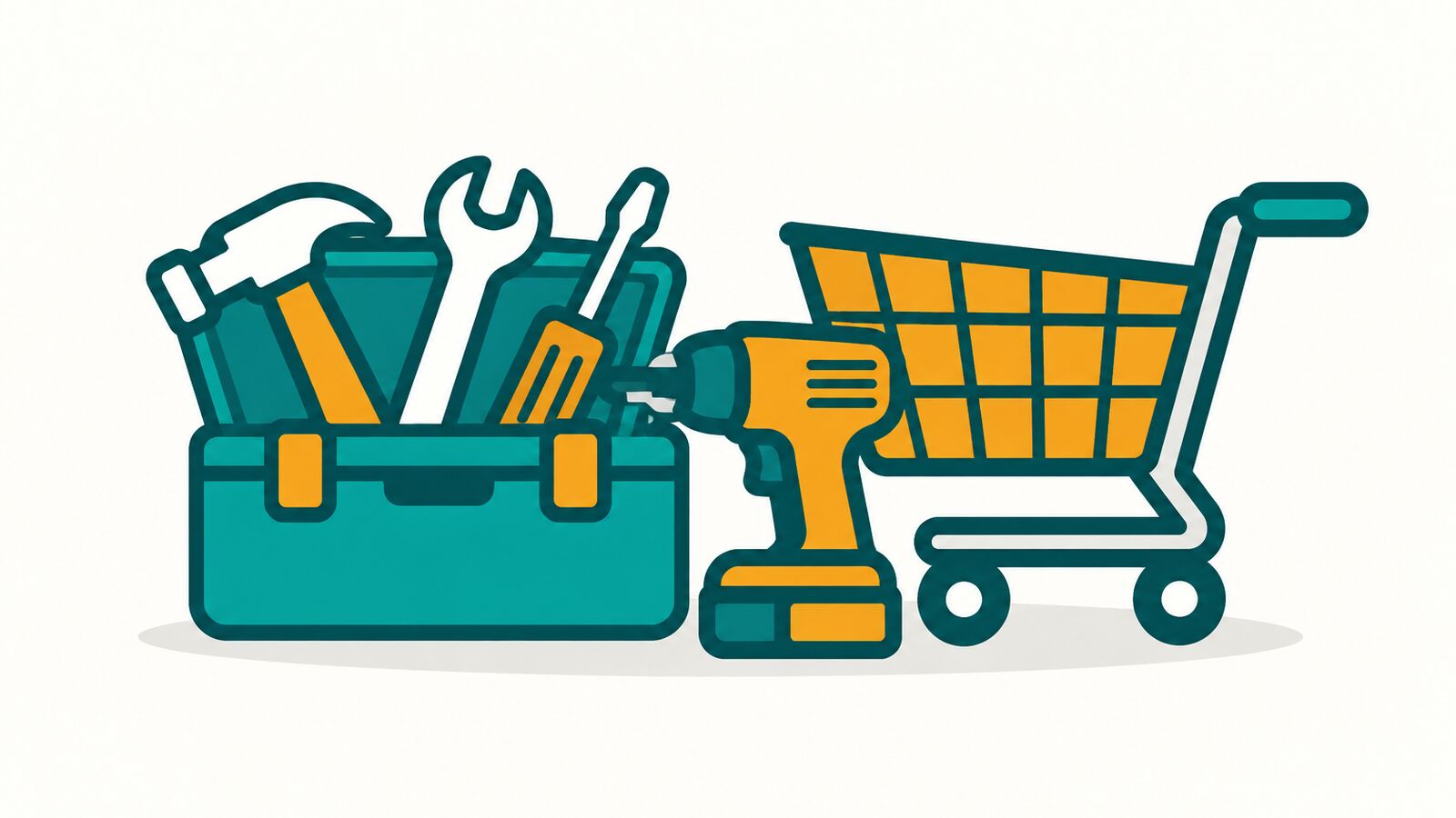Illustration: toolbox, cordless drill and shopping cart – DIY stores and tool hire in Augsburg