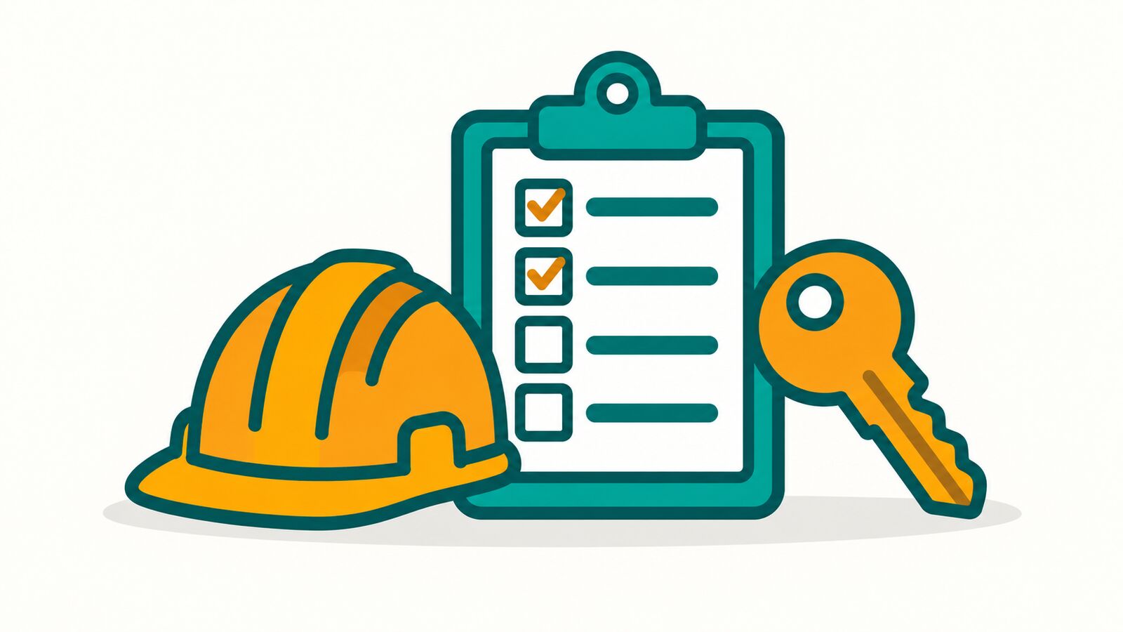 Illustration: clipboard with a checklist, hard hat and key – accommodation checklist for installation teams