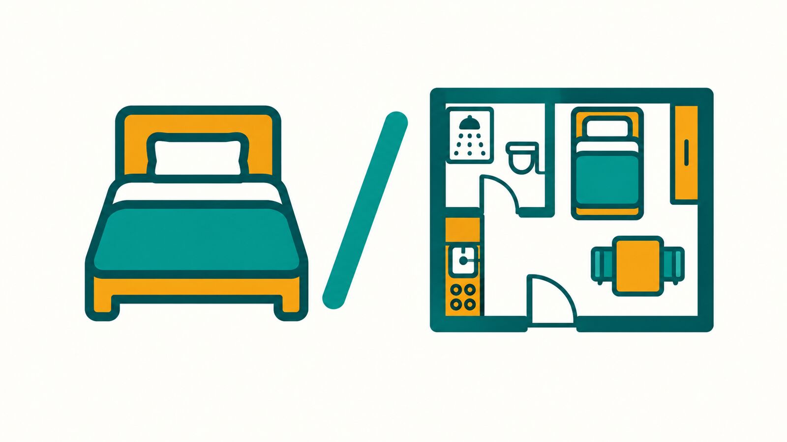 Illustration: single bed next to a small apartment floor plan – workers' room or workers' apartment