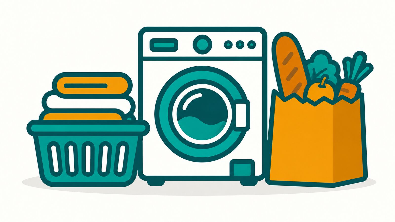 Illustration: Waschmaschine, Wäschekorb und Einkaufstüte – Wäsche und Einkaufen nach Feierabend